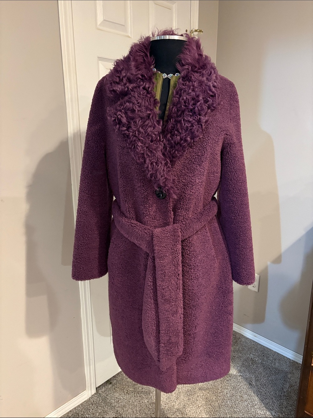 Women's Purple real Sheepskin coat with fluffy  fur Collar 20A